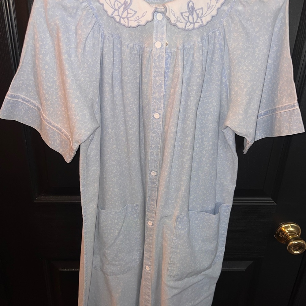 Classic Light Blue Button-Front Nightgown with Embroidered Collar